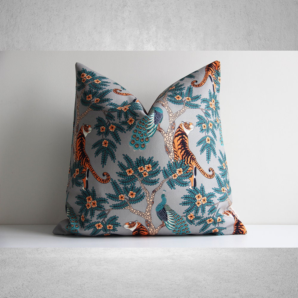 Emerald Green Tiger and Peacock Throw Pillow Cover 18x18 20x20