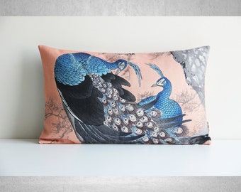 Coral Two Peacocks Lumbar Throw Pillow Cover - Birds Decorative Elegant Cushion Cover, Animal Lumbar Pillow Case 12x20 , custom sizes