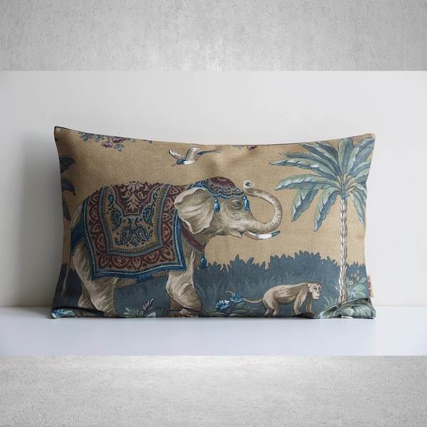 Ancient Pattern Elephant and Monkey cushion cover -Animals throw pillow cover, Cotton linen decor pillow case Square & Lumbar cushion cover