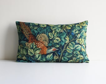 William Morris Bird Lumbar Pillow Cover: Forest Green Cushion Cover
