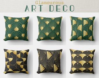 Funda de cojín Art Déco en verde y negro dorado - Funda de cojín personalizada 18x18, 45x45 cm, 20x20 cm, funda de almohada Art Déco geométrica para decoración del hogar, regalo