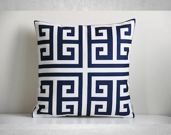 navy greek key pillow
