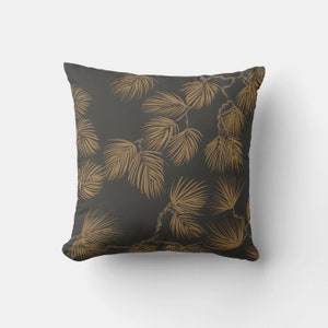 Golden Pine Branch Throw Pillow Cover - Plants Decor Cushion Cover, Tropical Leaves Pillow Case 18x18 20x20 16x16 Pillow Cover