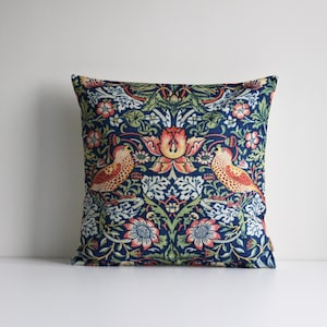Strawberry Thief - William Morris Art Nouveau Floral Decorative Throw Pillow Cover Navy Blue BG Birds Pillow Case 18x18 20x20 Cushion Cover