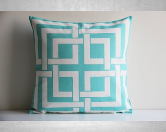 Light Aqua Geometric Chinoiserie Throw Pillow Cover - Chinoise Exotique Scenic Cushion Cover, Chinese Old Fashion 18x18 20x20 Pillow Case