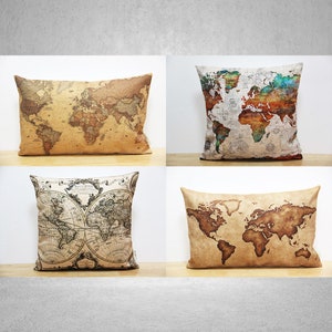 Retro Classic World MapThrow Pillow covers - Vintage Style Decor Pillow Cases, Custom Cushion Covers 16x16 18x18, 20x20 Linen Cotton