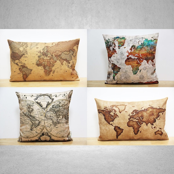 Retro Classic World MapThrow Pillow covers - Vintage Style Decor Pillow Cases, Custom Cushion Covers 16x16 18x18, 20x20 Linen Cotton