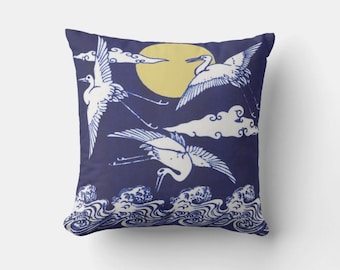 Blue Flying Cranes Chinoiserie Throw Pillow Cover 18x18 20x20 16x16