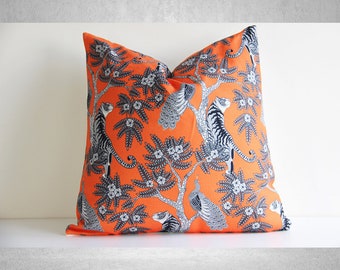 Tiger & Peacock Decor Pillow Cover - Orange and Gray Decorative Cushion Cover, Animal Lumbar / Square Pillow Case 12x20 20x20 26x26