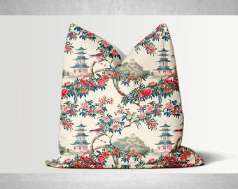 Maximalist Chinoiserie Throw Pillow Cover - Asian Floral Birds Decor, Oriental Accent
