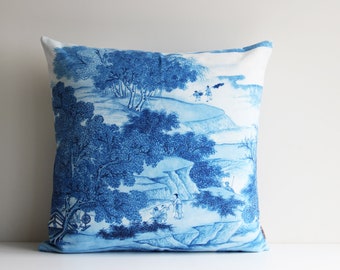 Blue and White Porcelain Song Dynasty Countryside Life Chinoiserie Throw Pillow Cover -Chinoise Exotic Cushion Cover 18x18 20x20 Pillow Case