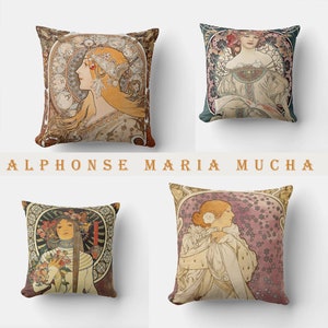 Housse de coussin de designer Mucha classique 18 x 18 pouces 20 pouces Coussin d'impression d'art Mucha pour salon Art nouveau décor orange