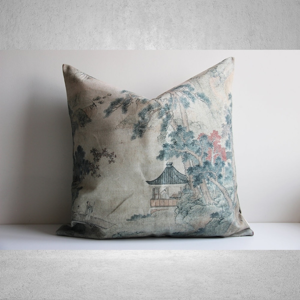 Pavilion in Mountain - by Li Zhaodao Tang Dynasty Chinoiserie Pillow Cover 18x18 20x20 24x24, Exotic Cushion Cover, Landscape Pillow Case