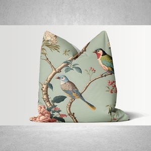 Birds and Florals Chinoiserie Throw Pillow Cover - Chinoise Exotique Scenic Cushion Cover, Old Fashion 18x18 20x20 Pillow Case