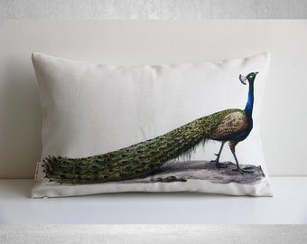 Ancient Peacock Pattern Printed Lumbar Throw Pillow Cover - Animal Decorative Cushion Cover, Birds Pillow case 20"x12" 50x30cm, custom size