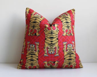 Red Chinoiserie Tiger Throw Pillow Cover: Maximalist Decor