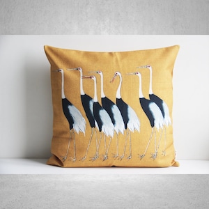 Cranes in Yellow Throw Pillow Cover 18x18 20x20 16x16 - Japanese Style Decorative Cushion Cover, Birds Decor Pillow Case