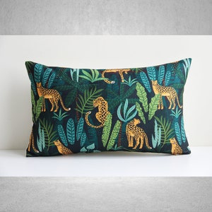 Leopard in Tropical Forests Throw Lumbar Pillow Cover  - Jungle decorative cushion cover, Panthers Linen Cotton pillow case