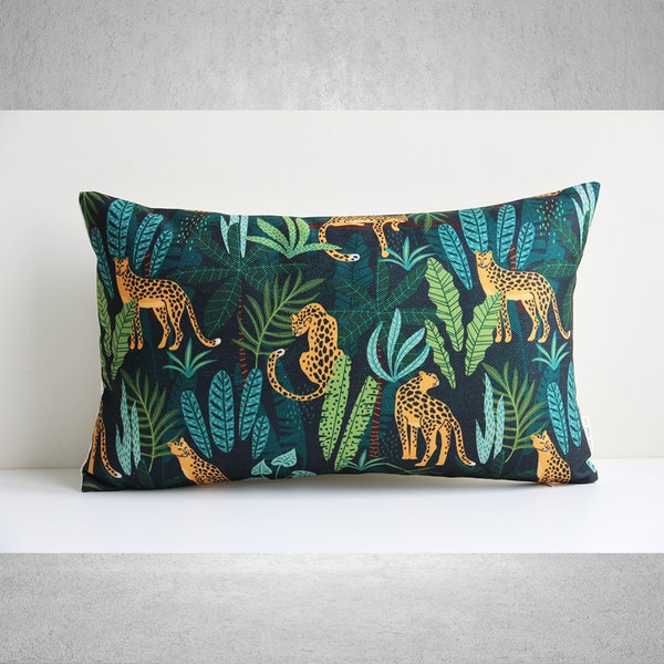 Leopard in Tropical Forests Throw Lumbar Pillow Cover  - Jungle decorative cushion cover, Panthers Linen Cotton pillow case