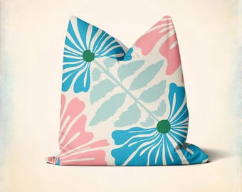 Pink Blue Floral Throw Pillow Cover - Designer Flower Pattern, Nature Decor