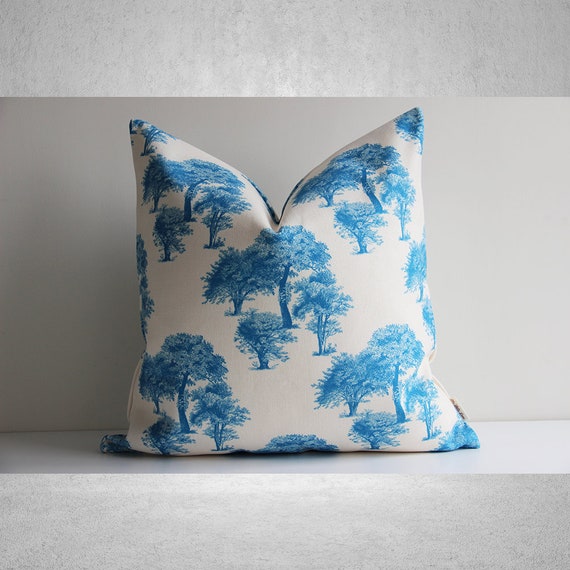 Blue/ Green/ Yellow Toile Art Throw Pillow Cover Nature Tree 