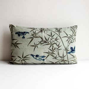 Blue Birds Flying in Green Bamboo forests Throw Pillow Cover - Japanese Cushion Cover, Birds 12x20 50x30cm Lumbar Decor Pillow Cover