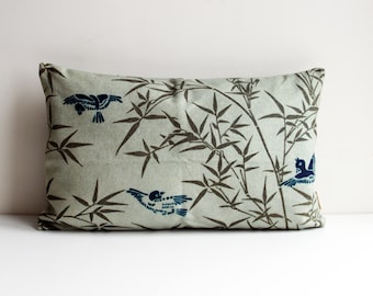 Blue Birds Flying in Green Bamboo forests Throw Pillow Cover - Japanese Cushion Cover, Birds 12x20 50x30cm Lumbar Decor Pillow Cover