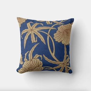 Blue Golden Botanical Floral Throw Pillow Cover - Plant Decor Cushion Cover, Nature Floral Leaves Pillow Case 18x18 20x20 16x16 Pillow Cover