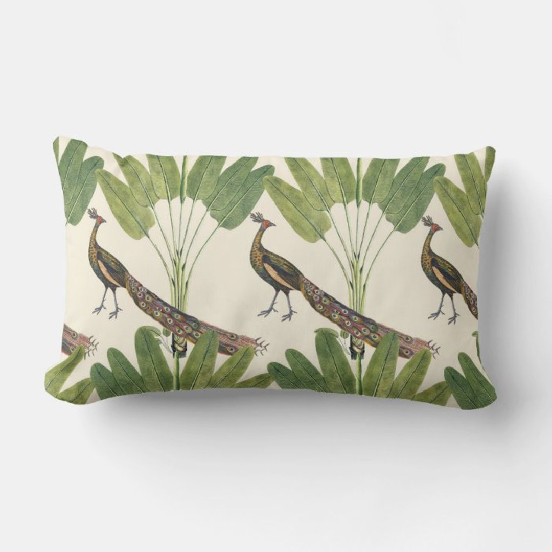 Lumbar Size Palm Tree and Peacock Decorative Throw Pillow Cover