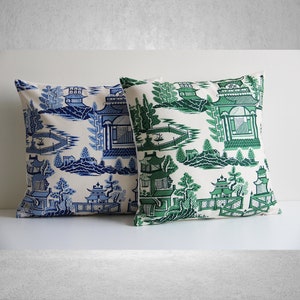 Green / Blue Chinoiserie Courtyard Throw Pillow Cover - Chinoise Exotique Scenic Cushion Cover, Old Fashion 18x18 20x20 Printed Pillow Case