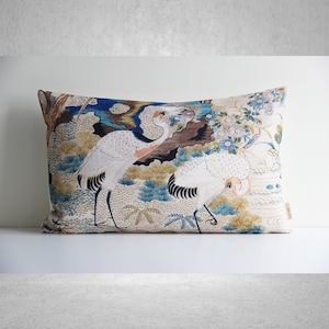 Chinoiserie White Cranes Throw Pillow Cover - Chinese Style Decor Cushion Cover, Bird Decor Pillow Case 20x12 50x30cm Lumbar Pillow Case