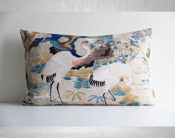 Two Chinoiserie Cranes Throw Pillow Cover - Chinese Style Decorative Cushion Cover, Birds Decor Pillow Case 20x12 50x30cm Lumbar Pillow Case