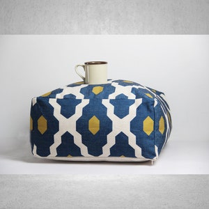 Navy Blue Geometric Decorative Unstuffed Bean Bag Cube Cover  - Washable Pouf Cover for Living Room, Extra Seating, Ottoman Footstool Cover