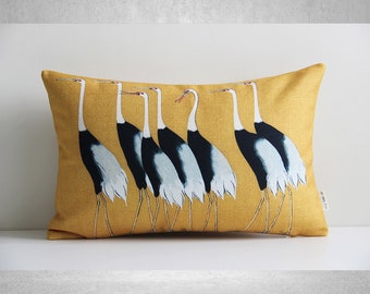 Cranes in Yellow Throw Pillow Cover - Japanese Style Decorative Cushion Cover, Birds Decor Pillow Case 20x12 50x30cm Lumbar Pillow Cover