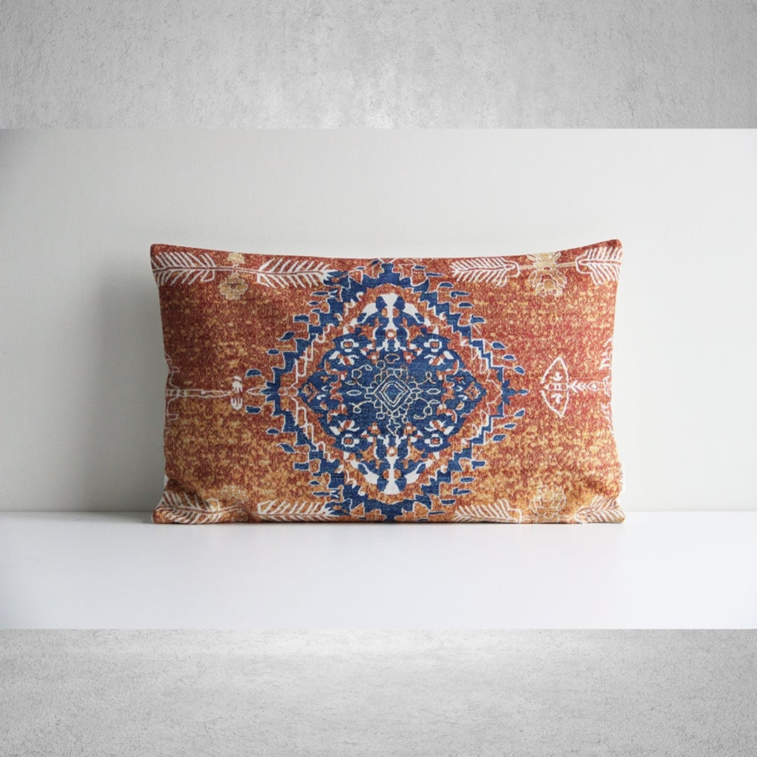 Orange Blue Bohemian Geometric Lumbar Throw Pillow Cover Boho Decor