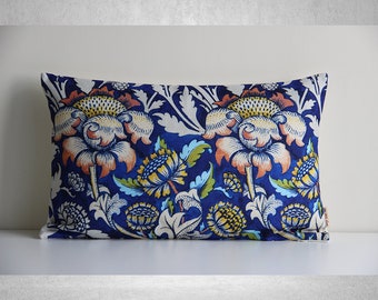 Blue Floral William Morris Lumbar Pillow Cover 24x16 12x20, Custom Art Nouveau Cushion Cover