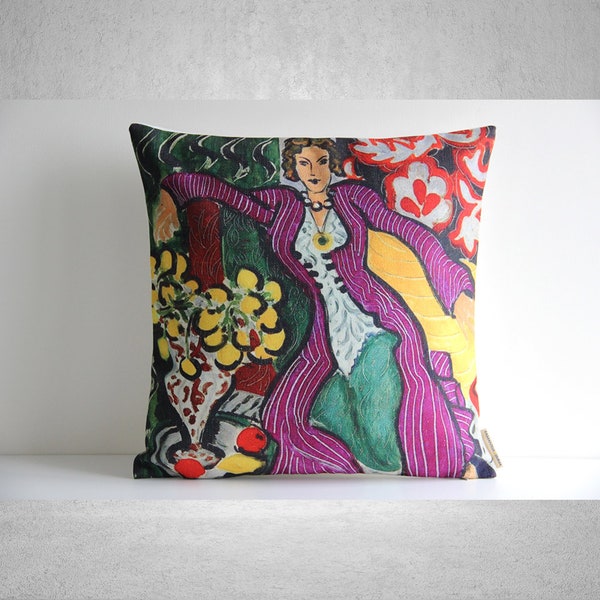 Woman in a purple coat - Henri Matisse art Decorative Throw Pillow cover, Cotton Linen Decor Pillow case 18x18 20x20 cushion cover, Gifts