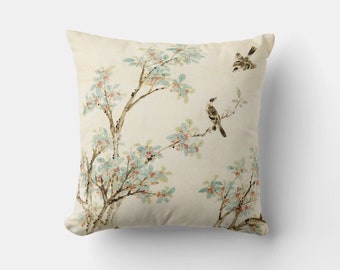 Ming Dynasty Two Birds in Osmanthus Tree Chinoiserie Throw Pillow Cover - Chinoise Exotique Scenic Cushion Cover, 18x18 20x20 Pillow Case