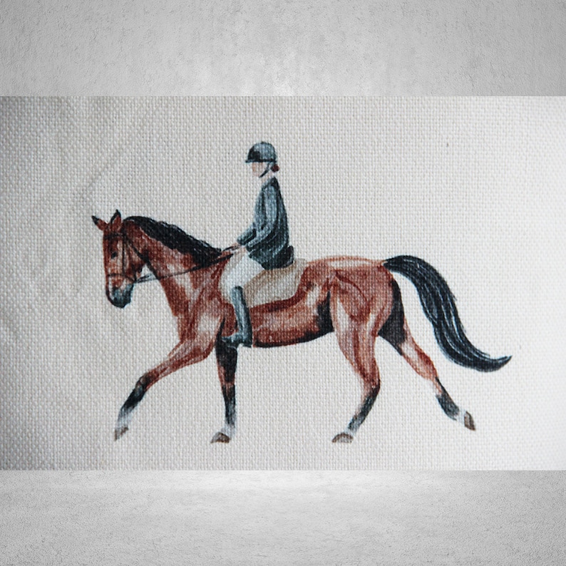 May include: A watercolour painting of a brown horse with a rider wearing a blue helmet and riding attire. The horse is in motion with its legs extended, and the rider is looking forward.