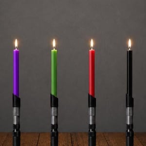 May include: Eight tall, slender taper candles in yellow, blue, purple, green, red, black, white, and brown, each lit with a small flame. The base of each candle is held within a metallic, cylindrical holder featuring a detailed, ridged design.