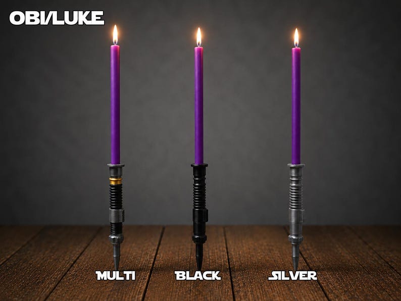 May include: Three tall purple taper candles with lit flames, each held in a different metallic-style base. The bases are labeled Multi, Black, and Silver. The text OBI/LUKE appears in the top left corner of the image.