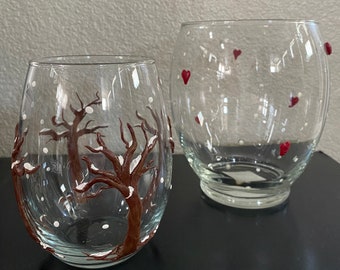 Decorative 2-Piece Glass Candle Holder with Handmade Polymer Clay Tree with Hearts and Snow, for Candles, Flowers, Holiday or Winter Home