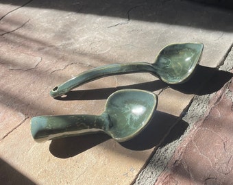 Handmade Pottery Green Ceramic Scoop and Ladle for Baking, Serving, or Display