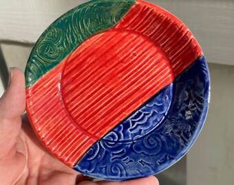 Handmade Pottery Blue, Green, and Red Ceramic Small Dish for Trinkets, Jewelry, Keys, Ring Dish, Desk Accessories