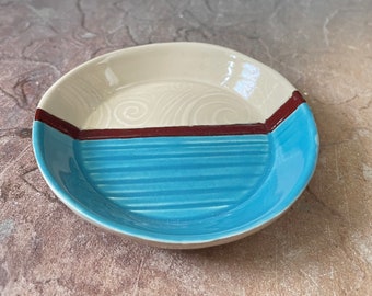 Handmade Pottery Blue, Cream, and Dark Red Ceramic Small Dish for Trinkets, Jewelry, Keys, Ring Dish, Desk Accessories