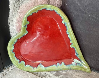 Handmade Pottery Large Red Ceramic Heart Plate, Serving Tray, Home Decor
