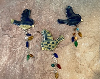 Handmade Pottery Ceramic Bird Wall Hangings with Dangling Beads