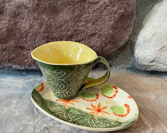 Handmade Pottery Ceramic Tea Cup and/or Small Tray, Dish, Plate