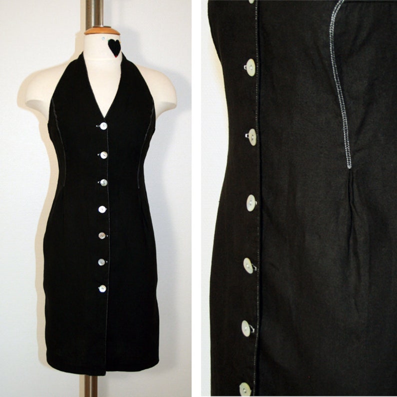 VINTAGE 90s Black Cotton Button-Down Front w Shell Buttons Size S SALE!