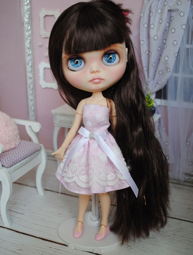 Blythe doll pink dress with full skirt and without sleeves cute clothes for Blythe dolls